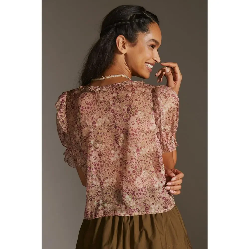 New Anthropologie Floral Puff Sleeve Blouse - Small